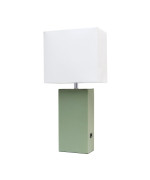 Modern Leather Table Lamp With Usb And White Fabric Shade Sage Green