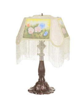 24 High Reverse Painted Roses Fabric With Fringe Accent Lamp