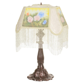 24 High Reverse Painted Roses Fabric With Fringe Accent Lamp