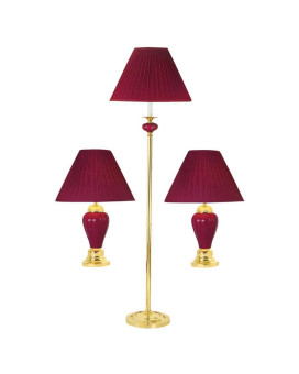 3Piece Ceramic Lamp Set Floor And Table Lamps Burgundy Finish