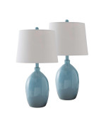 Blue With White Fabric Shade Contemporary Table Lamps Set Of 2