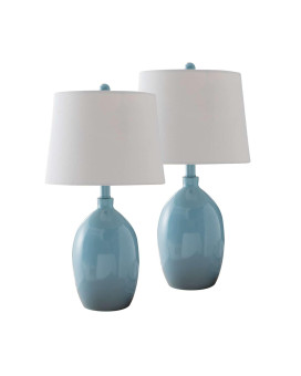 Blue With White Fabric Shade Contemporary Table Lamps Set Of 2