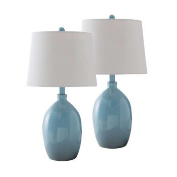 Blue With White Fabric Shade Contemporary Table Lamps Set Of 2