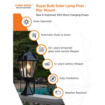 Gama Sonic Outdoor Solar Post Light With Pier Base Black Aluminum And Beveled Glass Royal Bulb 120 Lumens Warm White Led Moun