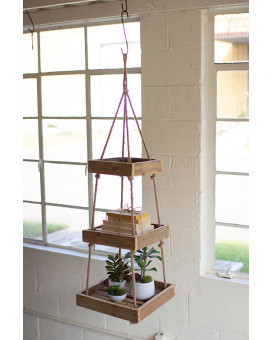 Hanging Three Tiered Sq Recycled Wood Display W Jute Rope