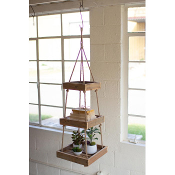 Hanging Three Tiered Sq Recycled Wood Display W Jute Rope