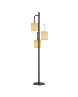 3 Light Lantern Design Metal Floor Lamp With Fabric Shades Black And Beige