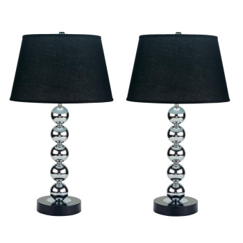 Benjara Bm221556 Metal Table Lamp With Fabric Drum Shade44 Black Silver Set Of 2