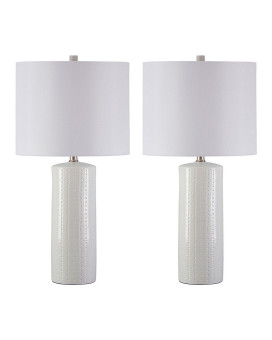 Carved Ceramic Base Table Lamp With Drum Shade Set Of 2 White