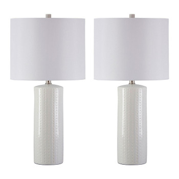 Carved Ceramic Base Table Lamp With Drum Shade Set Of 2 White