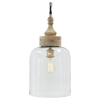 Inverted U Glass Pendant Light With Wood Finial Crown Top Brown And Clear