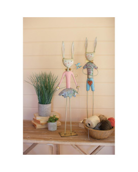 Set Of Two Painted Metal Long Leg Boy And Girl Rabbits