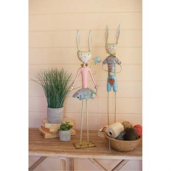 Set Of Two Painted Metal Long Leg Boy And Girl Rabbits