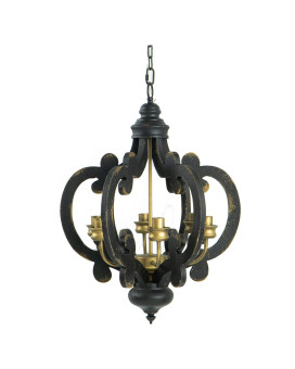 Aki 21 Inch Carved Wood Chandelier 6 Lights Vintage Classic Black Gold