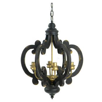 Aki 21 Inch Carved Wood Chandelier 6 Lights Vintage Classic Black Gold