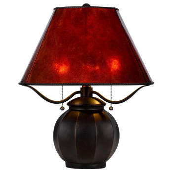 20 Inch Table Lamp Vintage Red Amber Mica Shade Upturned Arms Round Body