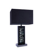 28 Inch Nickel Table Lamp Black Fabric Shade Glass Panel And Led Accents