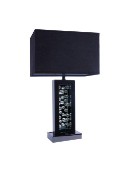 28 Inch Nickel Table Lamp Black Fabric Shade Glass Panel And Led Accents