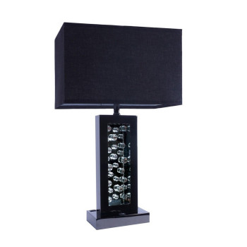 28 Inch Nickel Table Lamp Black Fabric Shade Glass Panel And Led Accents