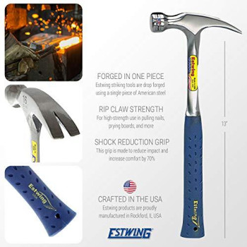 Estwing Hammer - 20 oz Straight Rip Claw with Smooth Face & Shock Reduction Grip - E3-20S , Silver