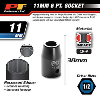 Performance Tool M821 1/2 Drive 6-Point Impact Socket, 11mm - Durable and Reliable Socket for Heavy-Duty Tasks and Automotive Repairs