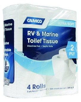 Camco RV Bathroom Toilet Tissue - 4 Rolls?ewer-Safe, Septic-Safe, Biodegradable 2-Ply Bath Tissue Designed for Trailer, Motorhome, & Marine Sanitation Systems (40274), White