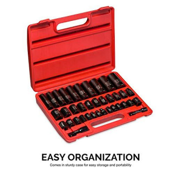 NEIKO 02443A 3/8 and 1/2 Drive Master Impact Socket Set | 38 Piece | Standard SAE (Inch) and Metric (mm) Sizes Below | Deep and Shallow Kit | Cr-V Steel | Includes Duometric Sockets