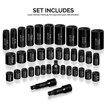 NEIKO 02443A 3/8 and 1/2 Drive Master Impact Socket Set | 38 Piece | Standard SAE (Inch) and Metric (mm) Sizes Below | Deep and Shallow Kit | Cr-V Steel | Includes Duometric Sockets