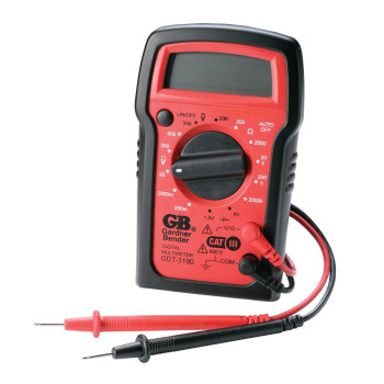 Gardner Bender GDT-3190 Digital Multimeter, 4 Function, 14 Range, Tests AC/DC Voltage, Resistance, and Battery, Manual Ranging, Auto-Off, 1/Each, Red With Black Rubber Boot