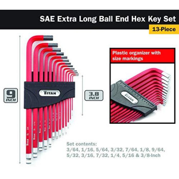 Titan 12713 Extra-Long Arm Ball Tip SAE Hex Key Set, 13 Piece , Red