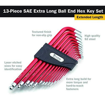 Titan 12713 Extra-Long Arm Ball Tip SAE Hex Key Set, 13 Piece , Red