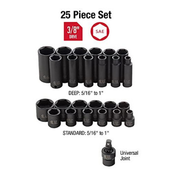 Sunex 3325, 3/8 Inch Drive Master Impact Socket Set, 25-Piece, SAE, 5/16-1?? Standard/Deep, Cr-Mo Steel, Radius Corner Design, Heavy Duty Storage Case, Includes Universal Joint