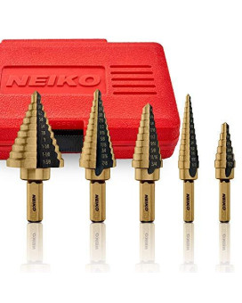 Neiko 10197A Titanium Step Drill Bit Set, High Speed Steel | 5-Piece Set | Total 50 Sizes