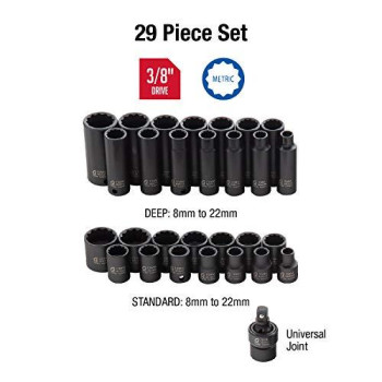 Sunex 3330, 3/8 Drive Master Impact Socket Set, 12 Pt., 29Piece, Metric, 8mm-22mm, Standard/Deep, Cr-Mo Steel, Heavy Duty Storage Case, Includes Universal Joint