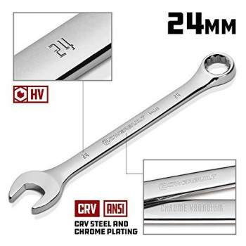 Powerbuilt 24mm Metric Combination Wrench, 12 Point Double Ended Box and Open End, 15 Degree Offset Polished 644128