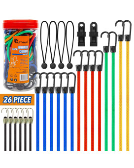 Cartman 24 Piece Bungee Cords with 2 Free Tarp Clips Assortment Jar Includes 10 18 24 32 40 Bungee Cord with Hooks and 8 Canopy Tarp Ball Ties