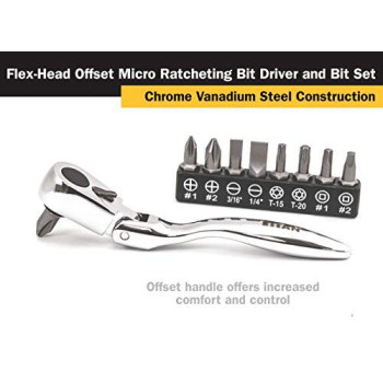 Titan 11212 4-1/8-Inch Flex-Head Offset Micro Ratcheting Bit Driver and Bit Set