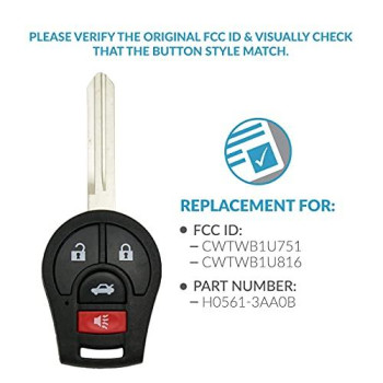 Keyless2Go Replacement for New Keyless Entry Remote Car Key for Nissan Sentra Vehicles That Use CWTWB1U816