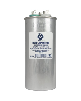 Appli Parts Dual Run Capacitor for ac 45+10 Mfd uF (microfarads) 370 VAC or 450 VAC Round Universal fit for hvac and other applications 5-3/8 in High 2-1/8 in Wide CON-45/10-450