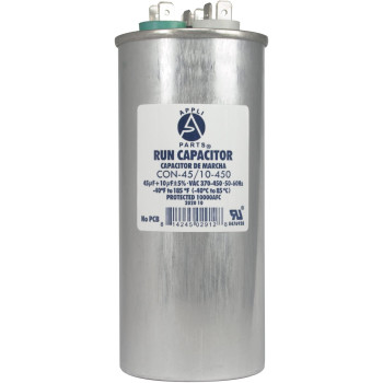 Appli Parts Dual Run Capacitor for ac 45+10 Mfd uF (microfarads) 370 VAC or 450 VAC Round Universal fit for hvac and other applications 5-3/8 in High 2-1/8 in Wide CON-45/10-450