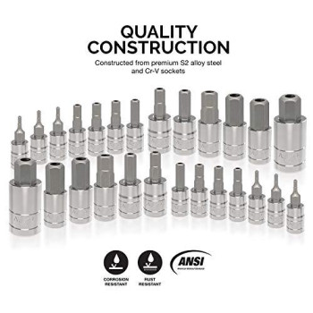 Neiko 01144A Tamper-Proof Hex Bit Socket Set, 26 Pieces | SAE (5/64-9/16?? and Metric (2-14MM)