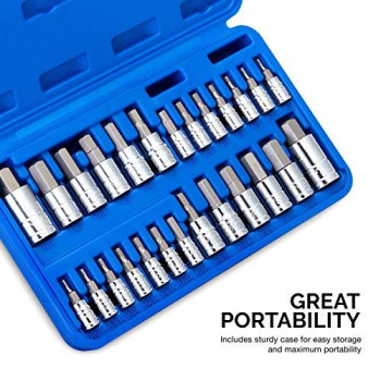 Neiko 01144A Tamper-Proof Hex Bit Socket Set, 26 Pieces | SAE (5/64-9/16?? and Metric (2-14MM)