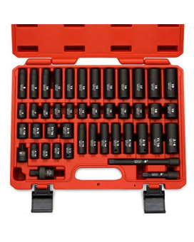 NEIKO 02440A 3/8-Inch-Drive Impact Socket Set, SAE Sizes 5/16 to 3/4 and Metric Sizes 8 mm to 19 mm, Includes Extension Bars and U-Joint, 44 Pieces