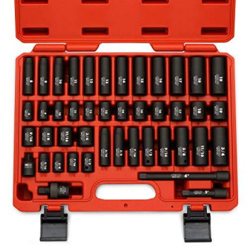 NEIKO 02440A 3/8-Inch-Drive Impact Socket Set, SAE Sizes 5/16 to 3/4 and Metric Sizes 8 mm to 19 mm, Includes Extension Bars and U-Joint, 44 Pieces