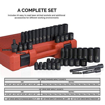 NEIKO 02440A 3/8-Inch-Drive Impact Socket Set, SAE Sizes 5/16 to 3/4 and Metric Sizes 8 mm to 19 mm, Includes Extension Bars and U-Joint, 44 Pieces