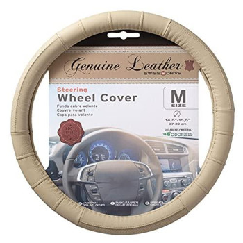 Swiss Drive Steering Wheel Cover - Genuine Leather Tan Beige - Planet-Friendly Wheel Cover with Anti-Slip Texture - Safe Grip Steering Wheel Covers for Cars and SUV - Size M