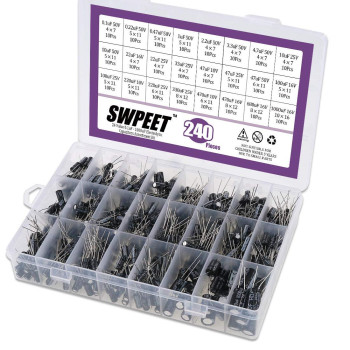 Swpeet 240Pcs 24 Kinds Different Electrolytic Capacitors Range 0.1uF-1000uF Assortment Kit, 10V/16V/25V/50V Aluminum Radial Electrolytic Capacitors for TV, LCD Monitor, Radio, Stereo, Game