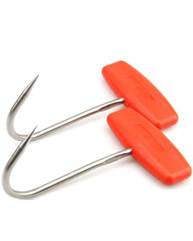 TIHOOD 2PcS Meat Hooks for Butchering,T Shaped Boning Hooks with Handle 6 inch Stainless Steel Butcher Shop Tool Kit (Orange x2)