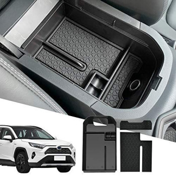 D-Lumina RAV-4 Center Console Organizer Compatible with Toyota RAV4 2019 2020 2021 2022 2023 2024 - Armrest Secondary Storage Tray, w/Black Anti-Dust Mats