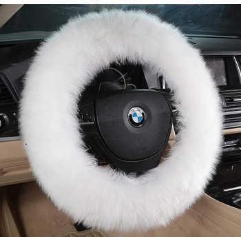 Andalus Australian Sheepskin Long Wool Steering Wheel Cover for Women & Men - Universal 15 Inch Steering Wheels & Accessories - Eco-Friendly Wheel Cover for Car - Car Accessories (White)